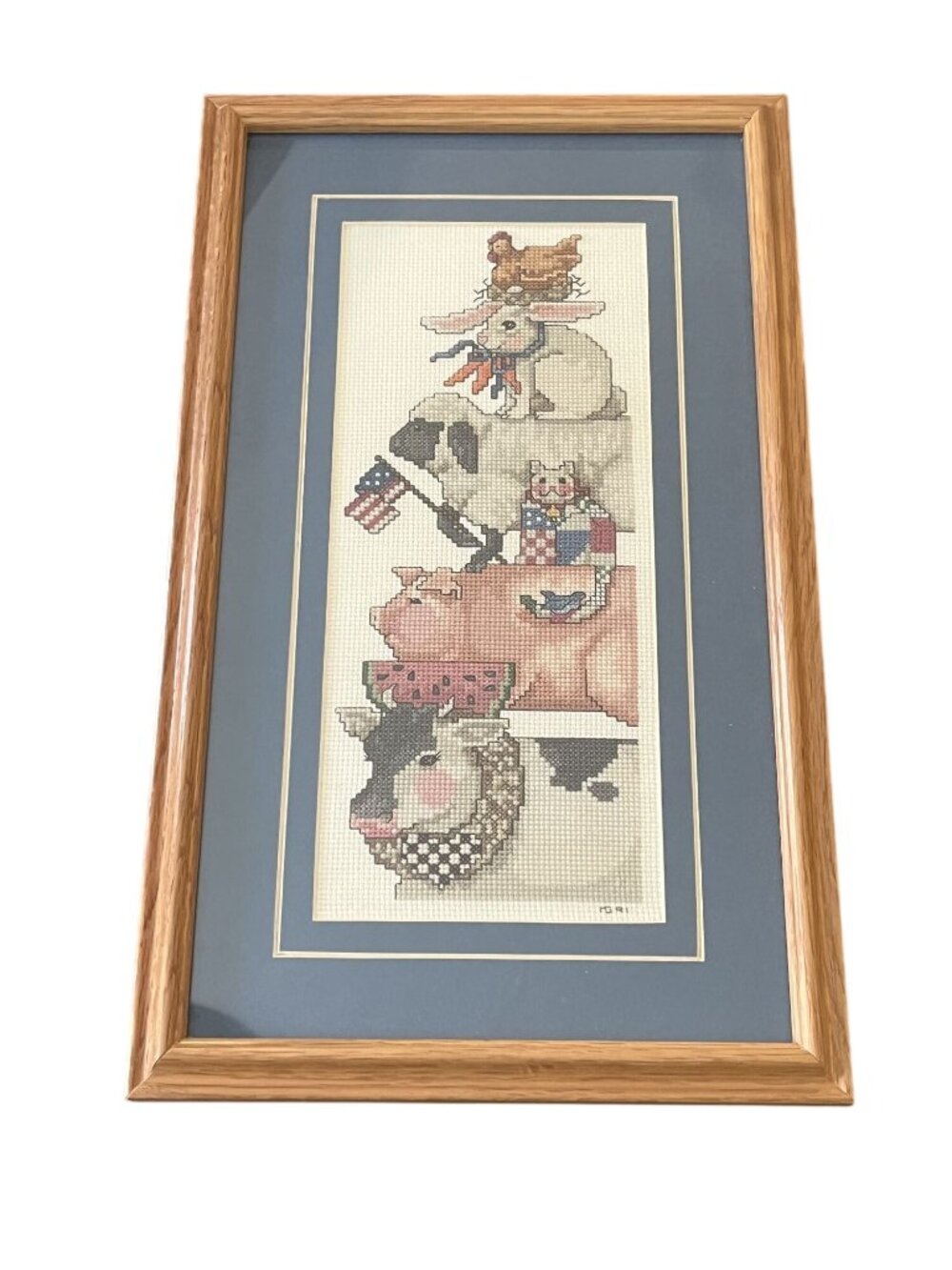 Vintage Farm Animal Stack Cross-Stitch Art In Wood Frame